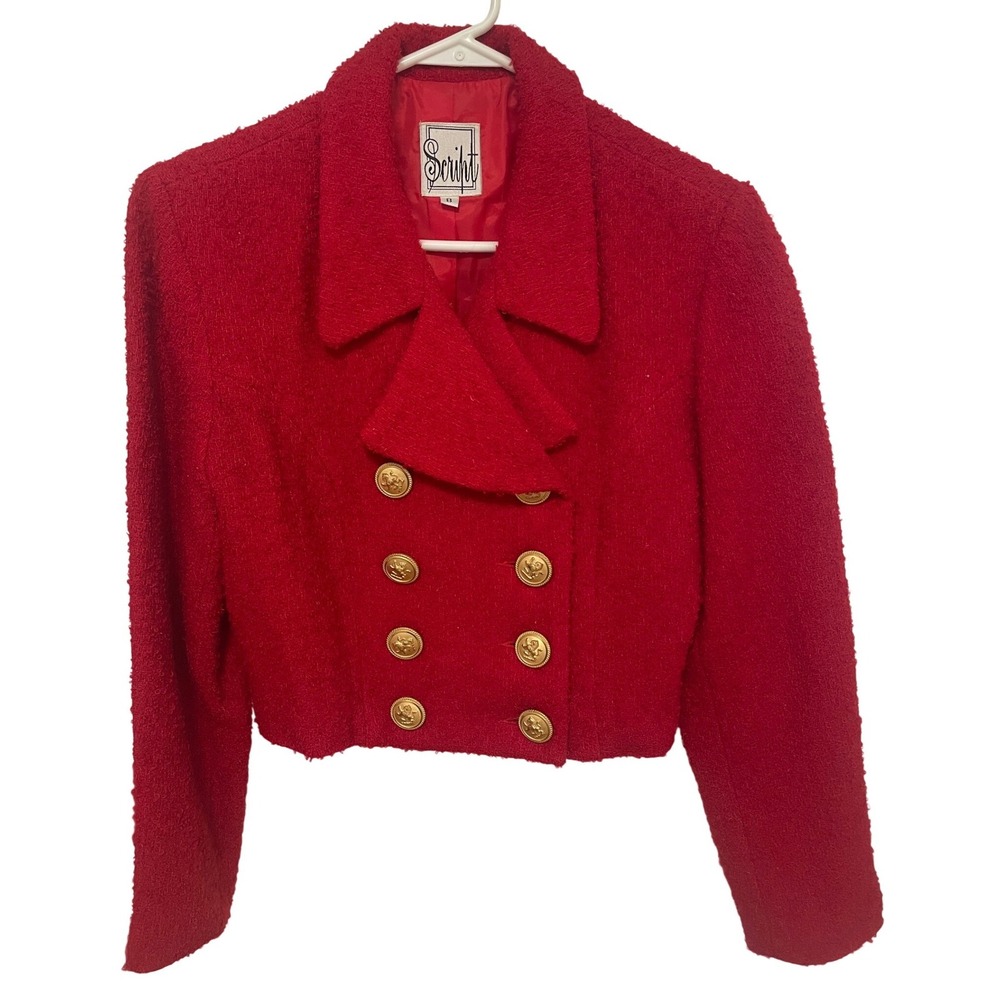 Vintage Red Bouclé Cropped Blazer Wool Double Breasted Gold Buttons Small